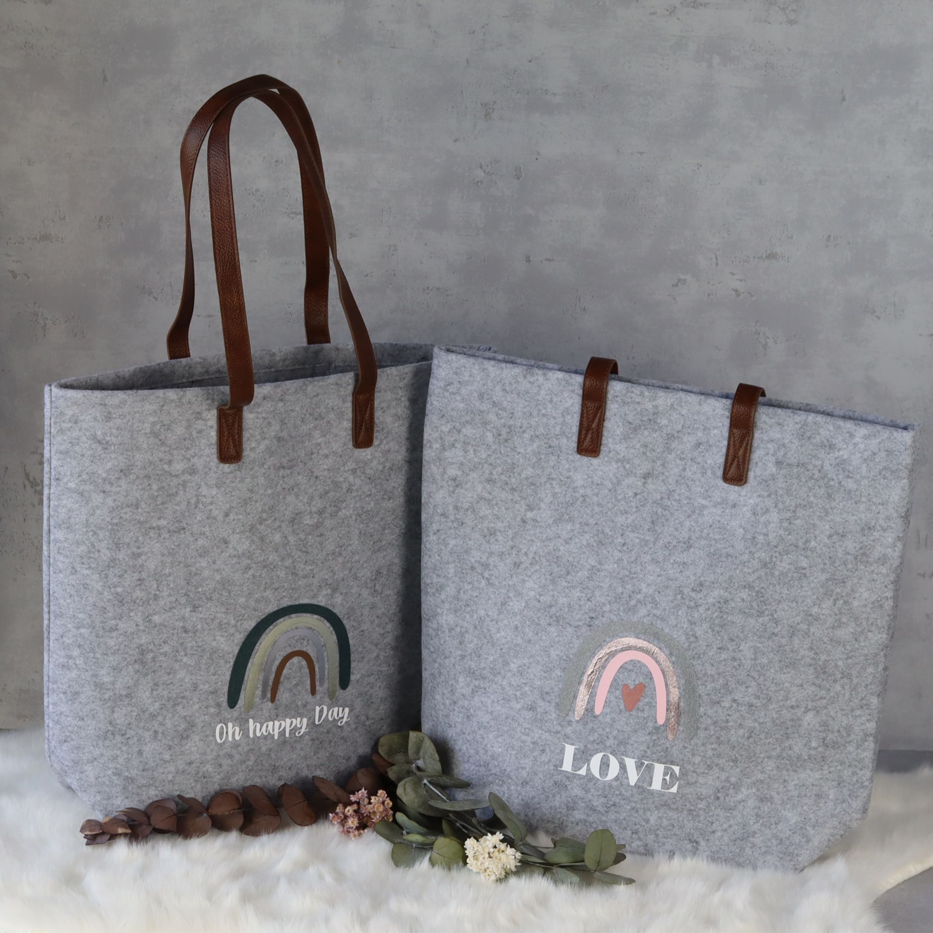 Filztasche Mit Blatt-Stickerei – Shopper, 46,5x39,5 Cm, Mit Organizer Und Reißverschluss